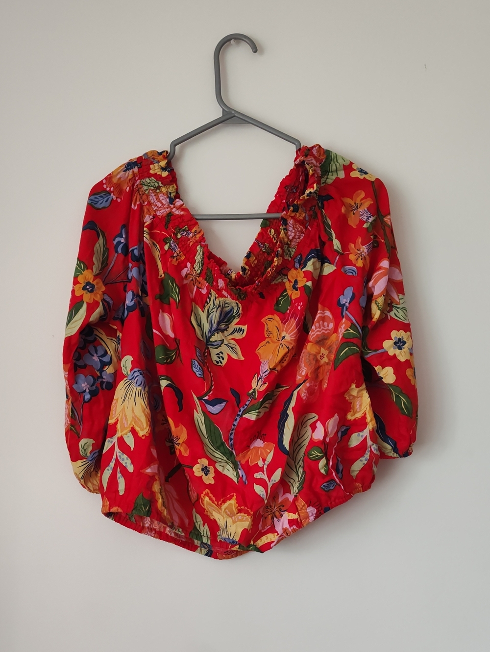Red Floral Smocked V-Neck Blouse